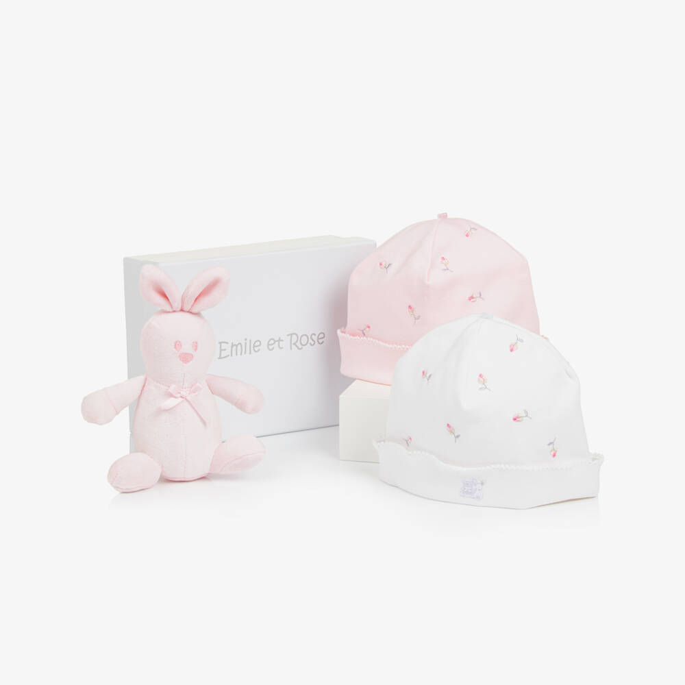 Emile et Rose-Baby Girls Light Pink & White Cotton Hat Set | Childrensalon
