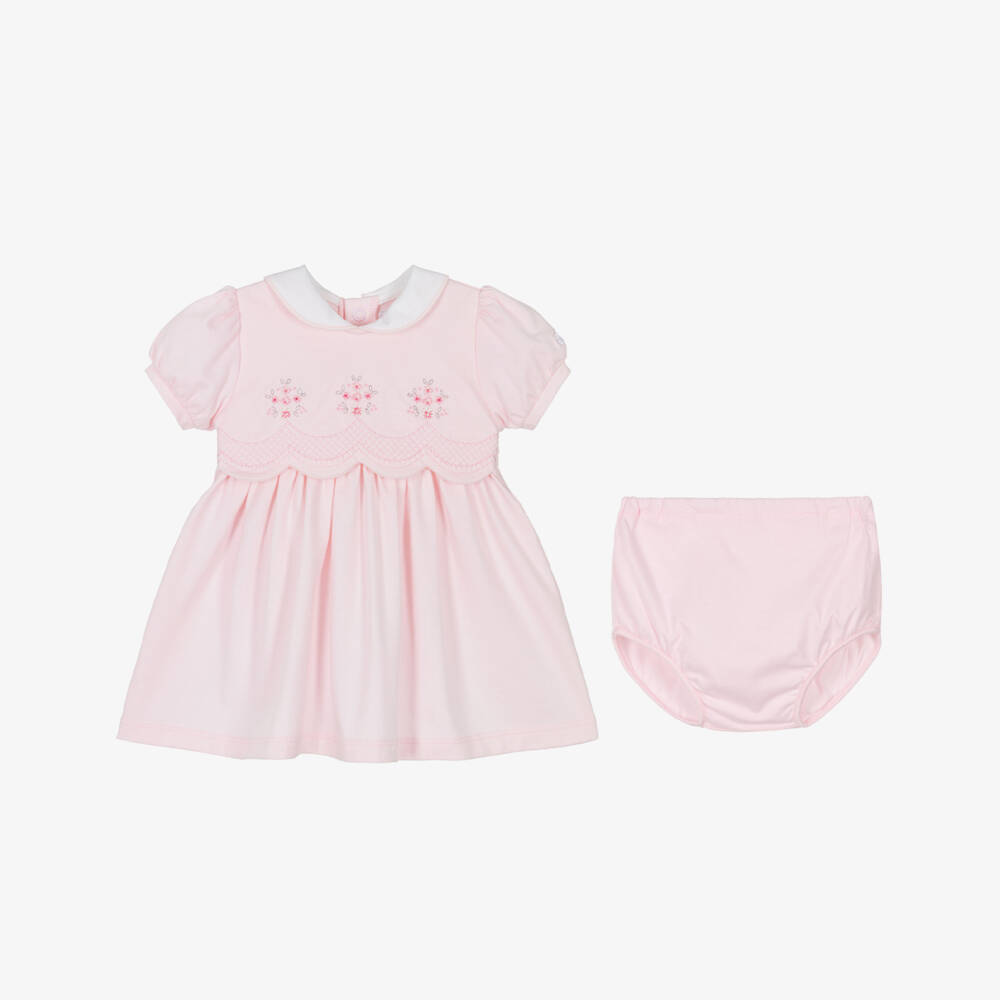 Emile et Rose-Baby Girls Pink Cotton Dress with Floral Embroidery | Childrensalon