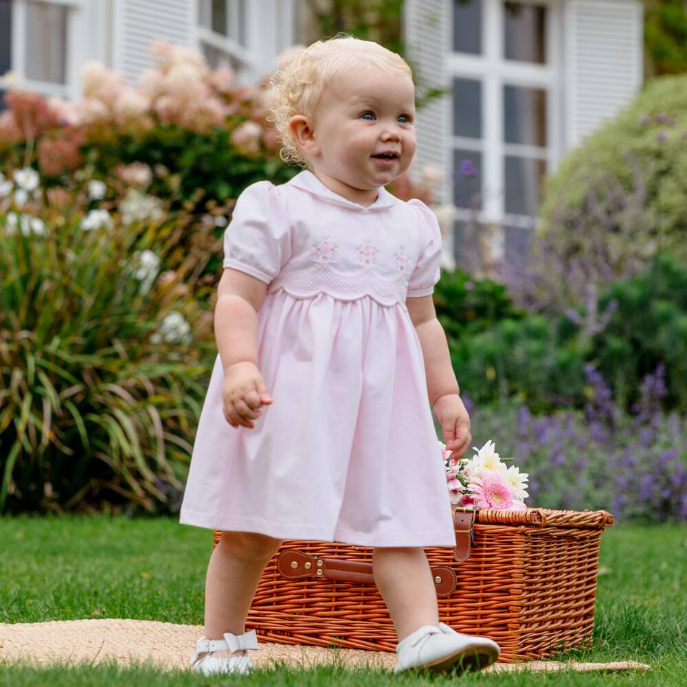 Emile et Rose-Baby Girls Pink Cotton Dress with Floral Embroidery | Childrensalon