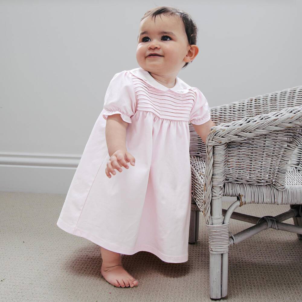 Emile et Rose-Baby Girls Pink Cotton Dress with Pintuck Pleating | Childrensalon