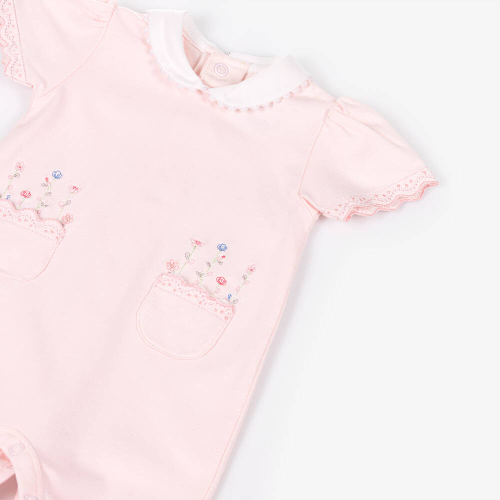 Emile et Rose-Baby Girls Pink Cotton Shortie with Floral Embroidery | Childrensalon
