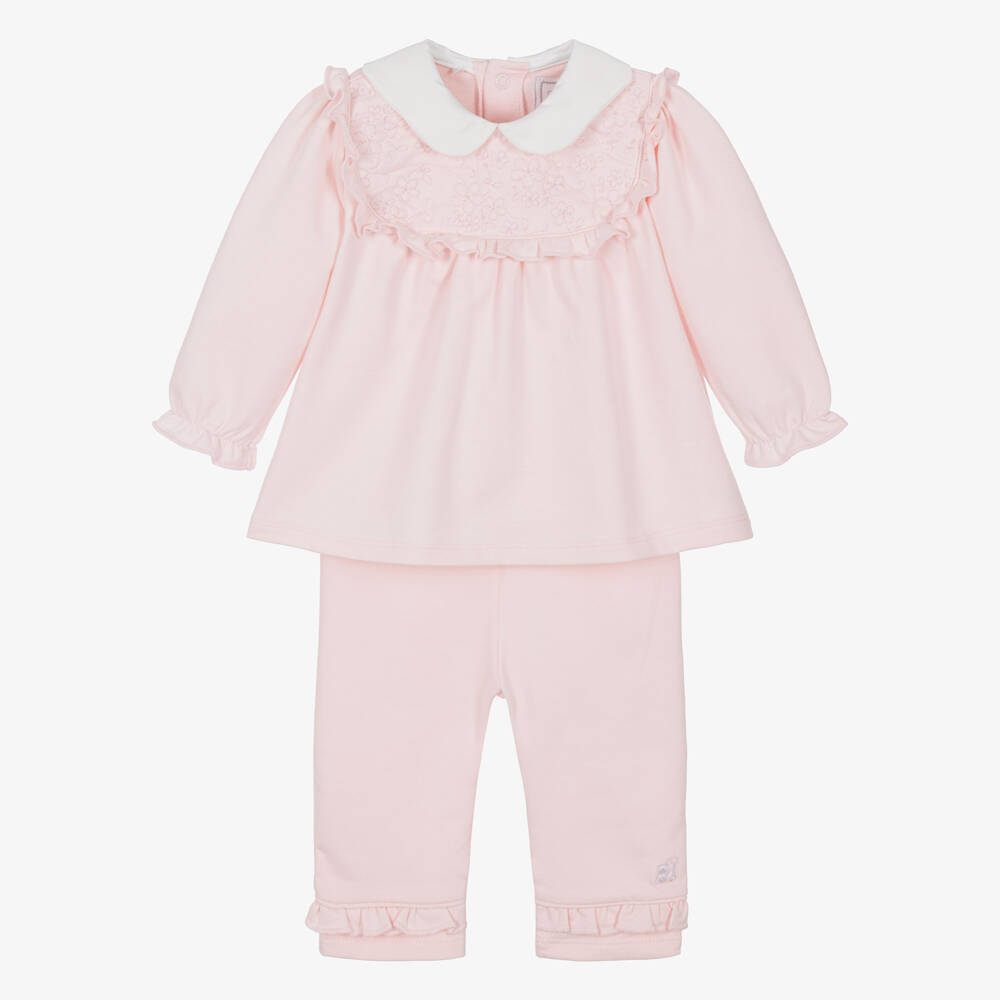 Emile et Rose-Baby Girls Pink Floral Stitch Cotton Trouser Set | Childrensalon