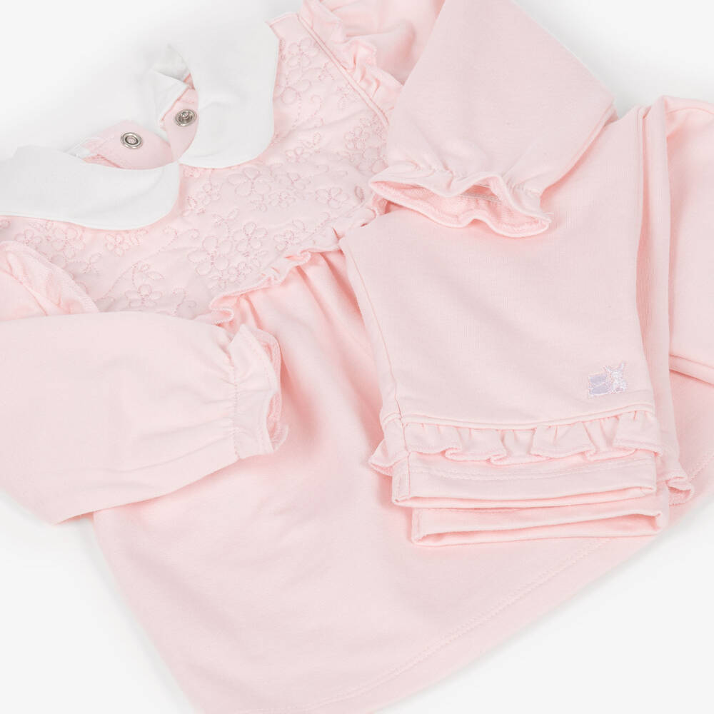 Emile et Rose-Baby Girls Pink Floral Stitch Cotton Trouser Set | Childrensalon