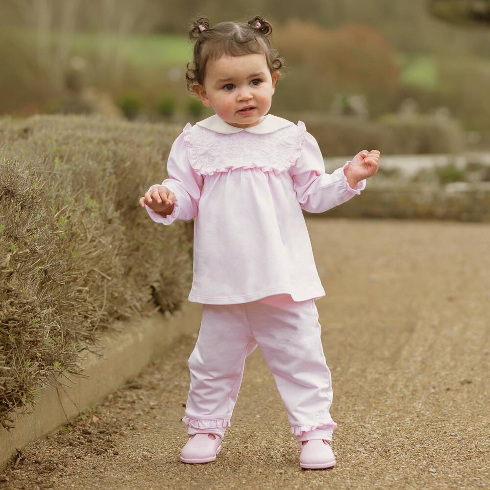 Emile et Rose-Baby Girls Pink Floral Stitch Cotton Trouser Set | Childrensalon