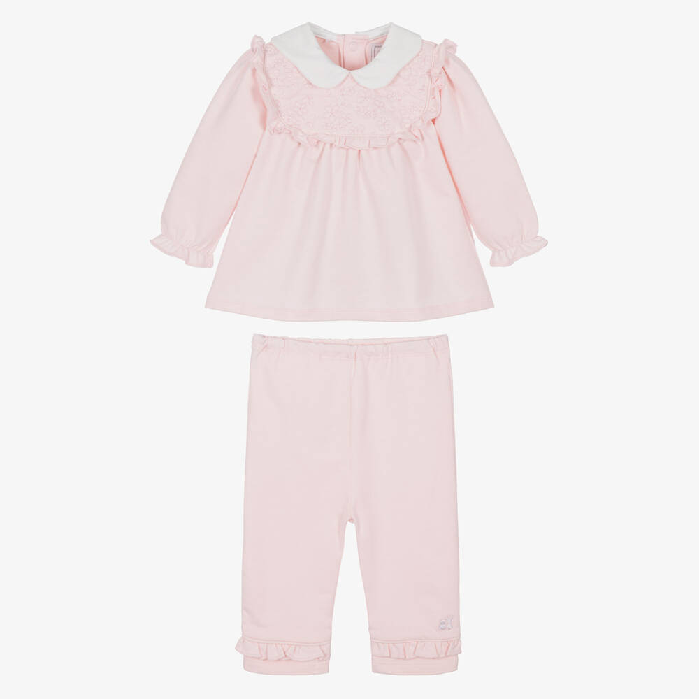 Emile et Rose-Baby Girls Pink Floral Stitch Cotton Trouser Set | Childrensalon