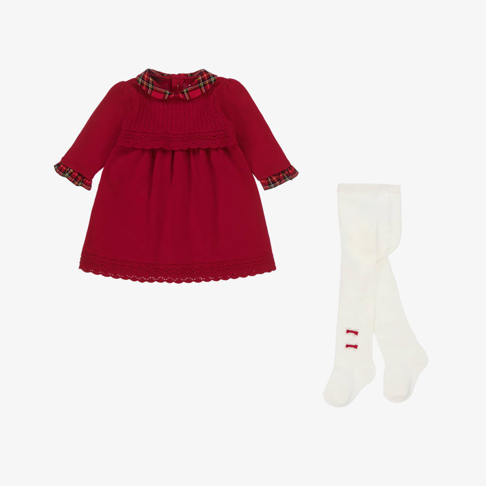 Emile et Rose-Baby Girls Red Cotton Knit Dress Set with Tartan Trims | Childrensalon