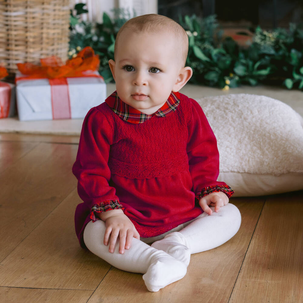 Emile et Rose-Baby Girls Red Cotton Knit Dress Set with Tartan Trims | Childrensalon