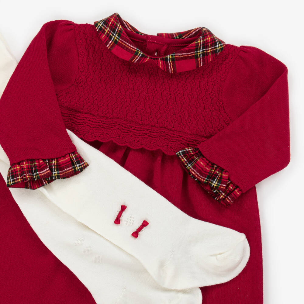 Emile et Rose-Baby Girls Red Cotton Knit Dress Set with Tartan Trims | Childrensalon