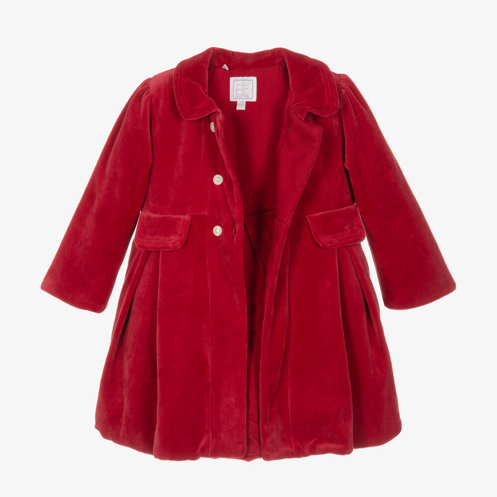 Emile et Rose-طقم معطف وقبعة قطيفة لون أحمر للمولودات | Childrensalon