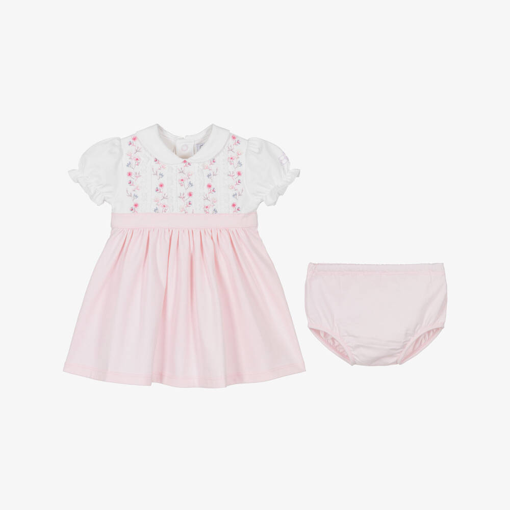 Emile et Rose-Baby Girls White & Pink Dress Set with Floral Embroidery | Childrensalon