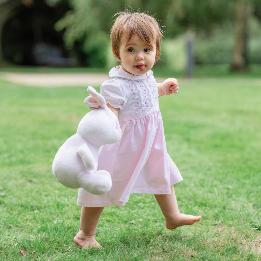 Emile et Rose-Baby Girls White & Pink Dress Set with Floral Embroidery | Childrensalon