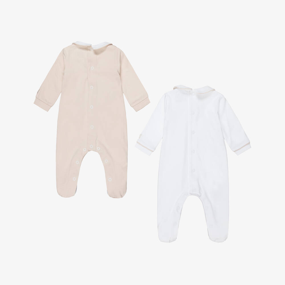 Emile et Rose-Beige & White Cotton Embroidered Babysuits (2 Pack) | Childrensalon