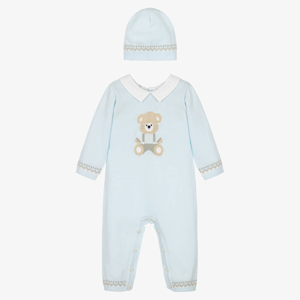 Emile et Rose-Blue Knitted Teddy Babysuit Hat Set | Childrensalon