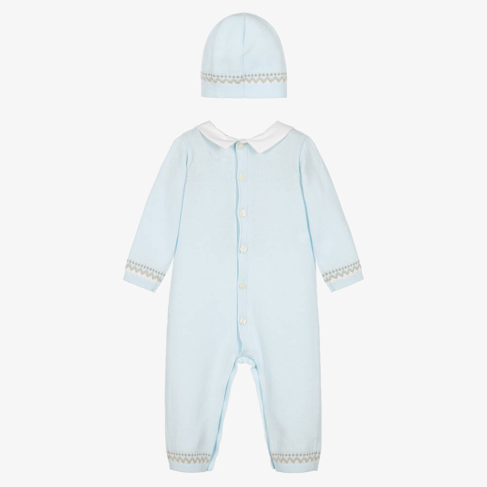 Emile et Rose-Blue Knitted Teddy Babysuit Hat Set | Childrensalon