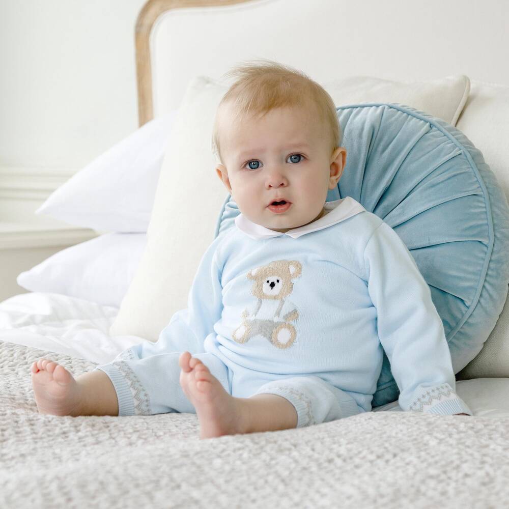 Emile et Rose-Blue Knitted Teddy Babysuit Hat Set | Childrensalon