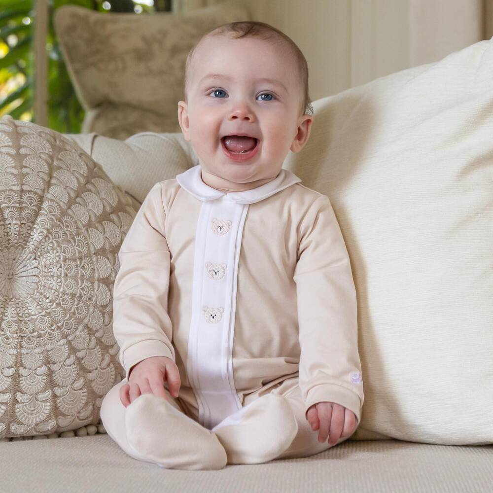 Emile et Rose-Boys Beige Cotton Babygrow with Embroidered Teddies | Childrensalon