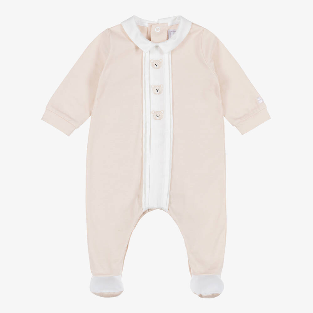 Emile et Rose-Boys Beige Cotton Babygrow with Embroidered Teddies | Childrensalon