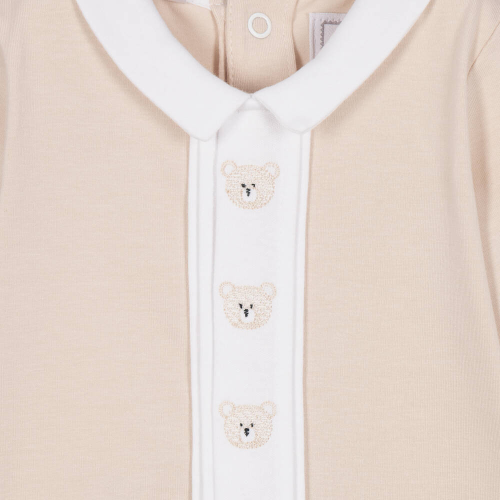 Emile et Rose-Boys Beige Cotton Babygrow with Embroidered Teddies | Childrensalon