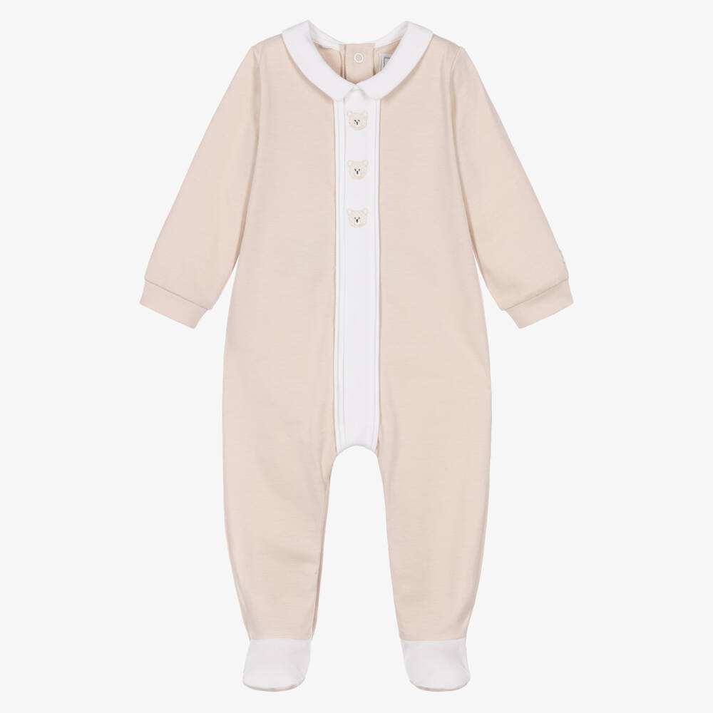Emile et Rose-Boys Beige Cotton Babygrow with Embroidered Teddies | Childrensalon