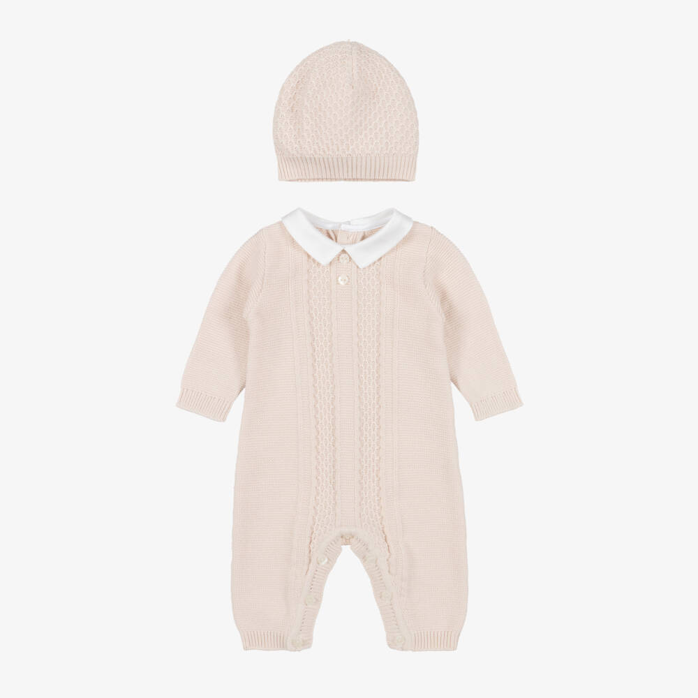Emile et Rose-Boys Beige Cotton Knit Babysuit & Hat Set | Childrensalon