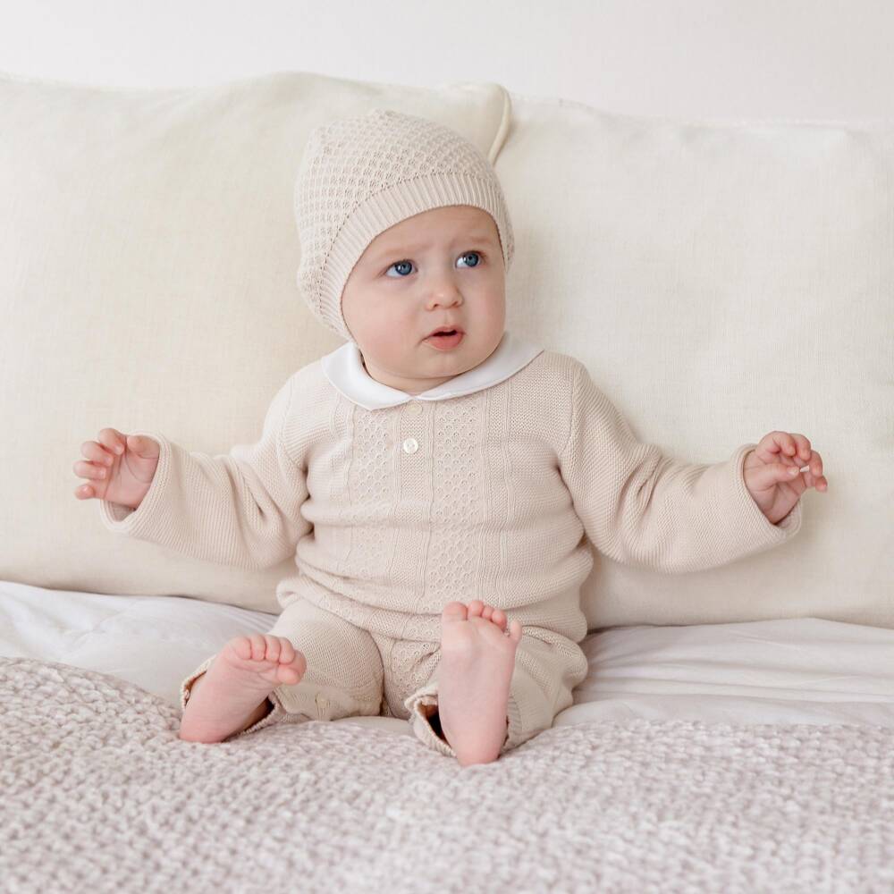 Emile et Rose-Boys Beige Cotton Knit Babysuit & Hat Set | Childrensalon