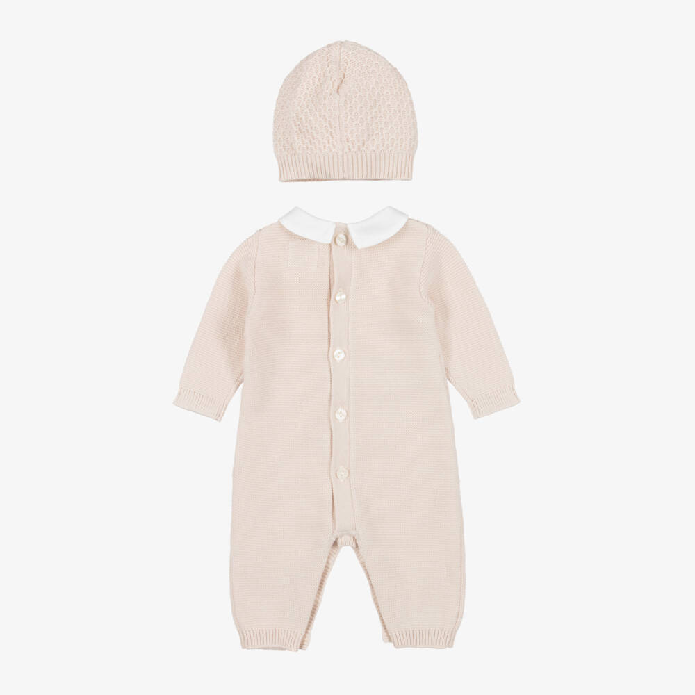 Emile et Rose-Boys Beige Cotton Knit Babysuit & Hat Set | Childrensalon
