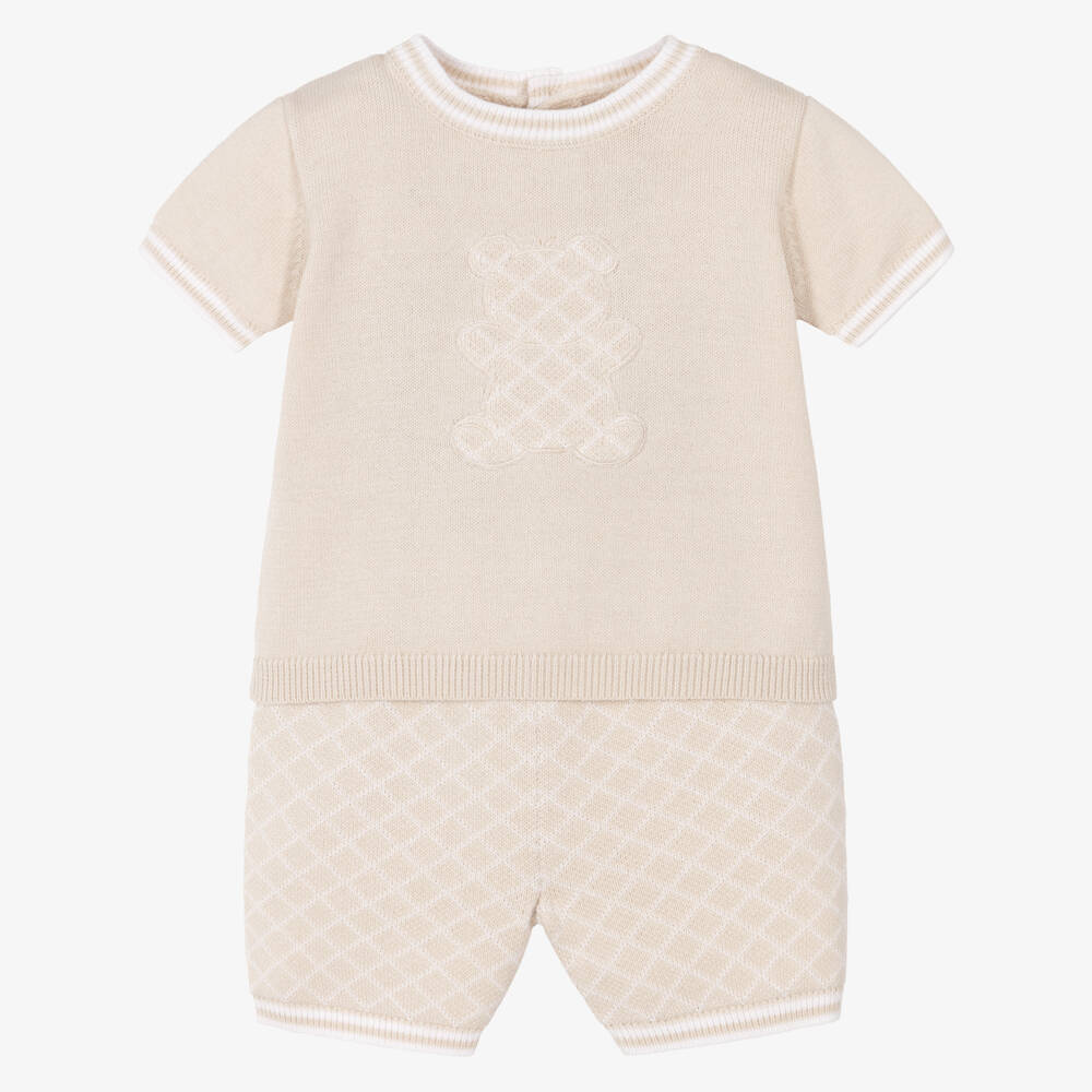 Emile et Rose-Boys Beige Cotton-Knit Teddy Shorts Set | Childrensalon