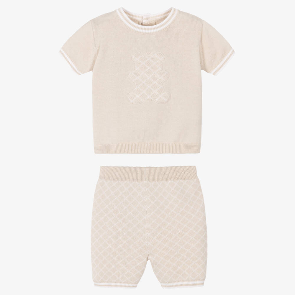Emile et Rose-Boys Beige Cotton-Knit Teddy Shorts Set | Childrensalon