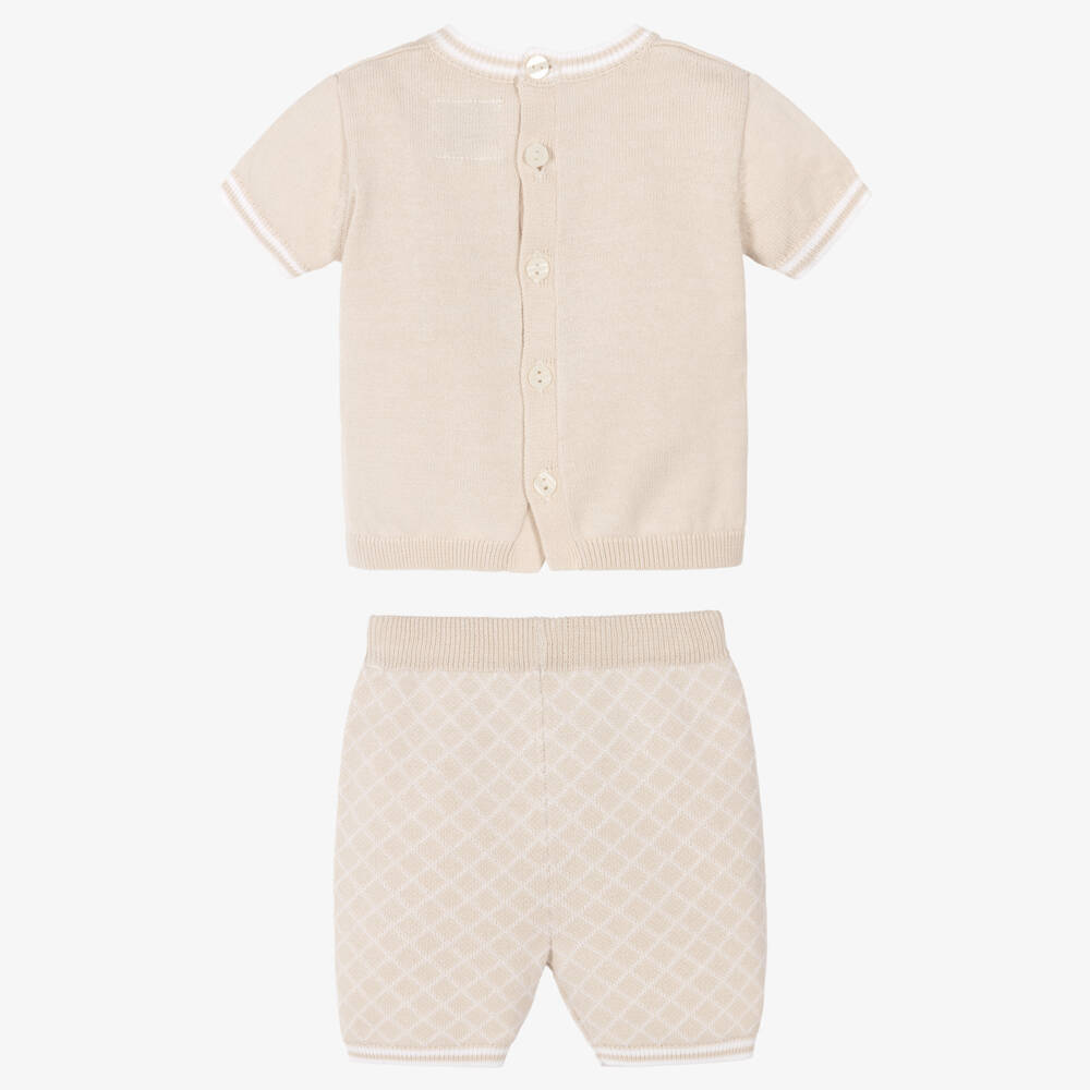 Emile et Rose-Boys Beige Cotton-Knit Teddy Shorts Set | Childrensalon