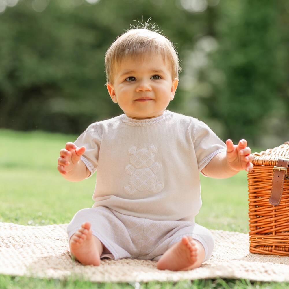 Emile et Rose-Boys Beige Cotton-Knit Teddy Shorts Set | Childrensalon