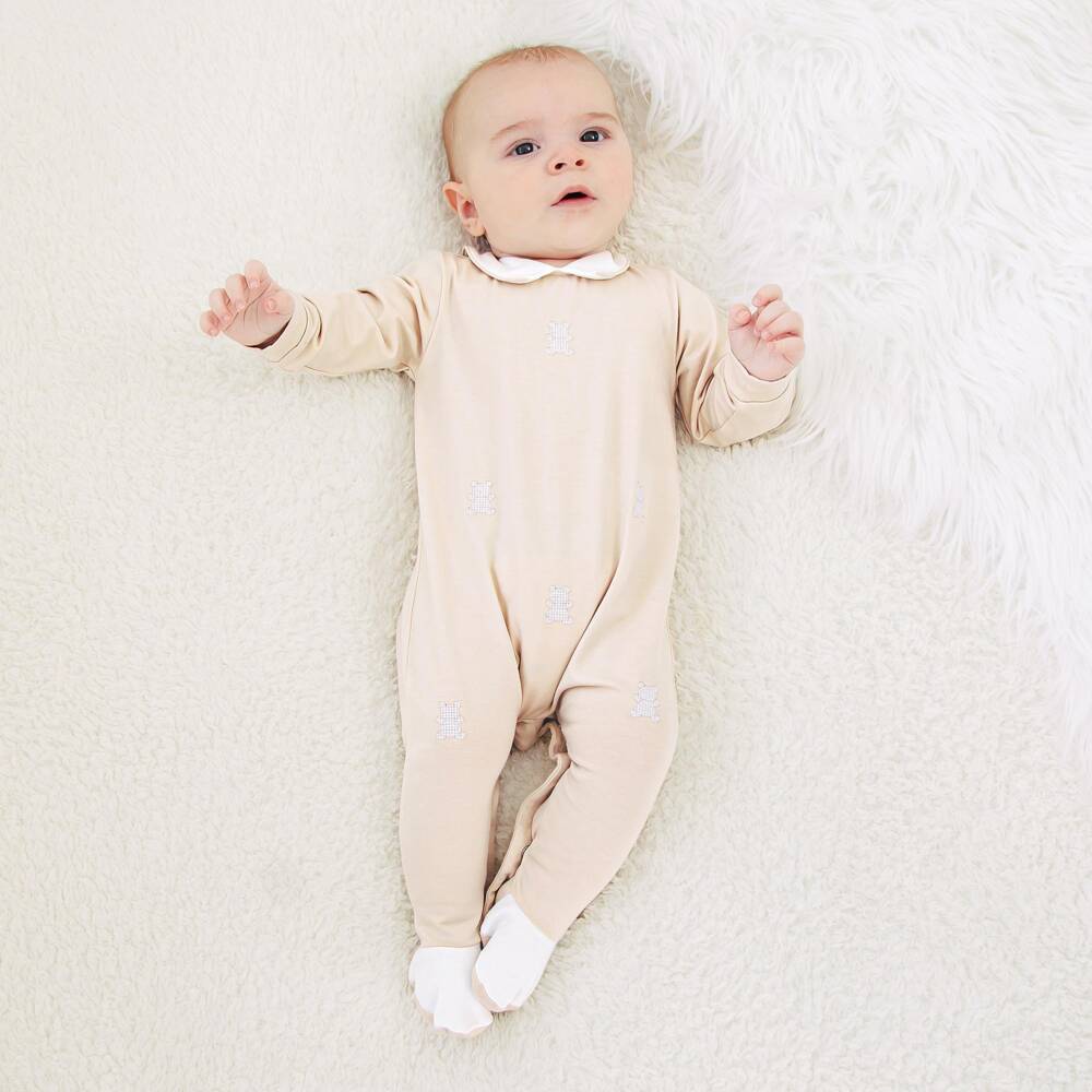 Emile et Rose-Boys Beige Cotton Teddy Babygrow & Hat Set | Childrensalon