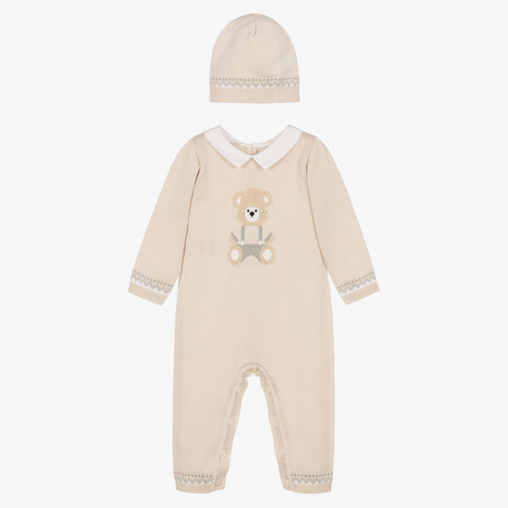 Emile et Rose-Boys Beige Knitted Teddy Babysuit & Hat Set | Childrensalon