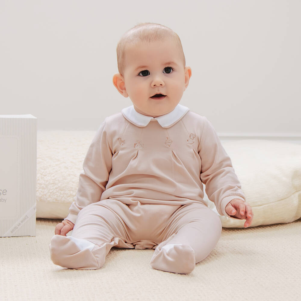 Emile et Rose-Boys Beige & White Cotton Embroidered Babysuits (2 Pack) | Childrensalon