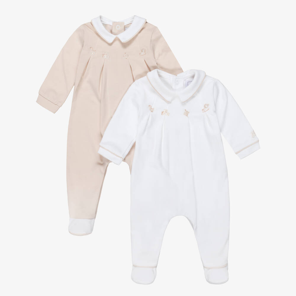 Emile et Rose-Boys Beige & White Cotton Embroidered Babysuits (2 Pack) | Childrensalon