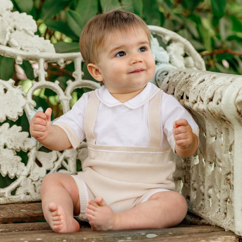 Emile et Rose-Boys Beige & White Cotton-Knit Shortie | Childrensalon