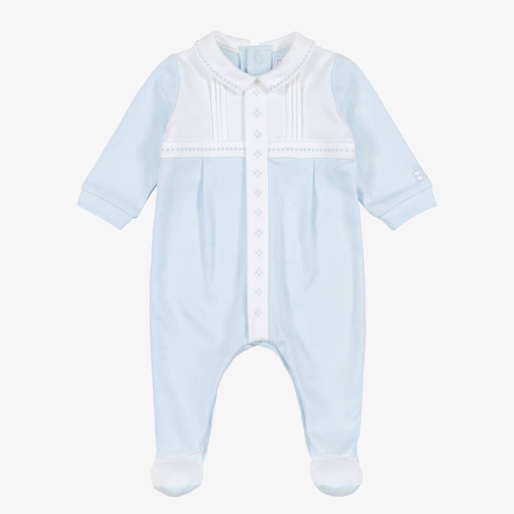 Emile et Rose-Boys Blue Babygrow With Cross-Stitch Embroidery | Childrensalon