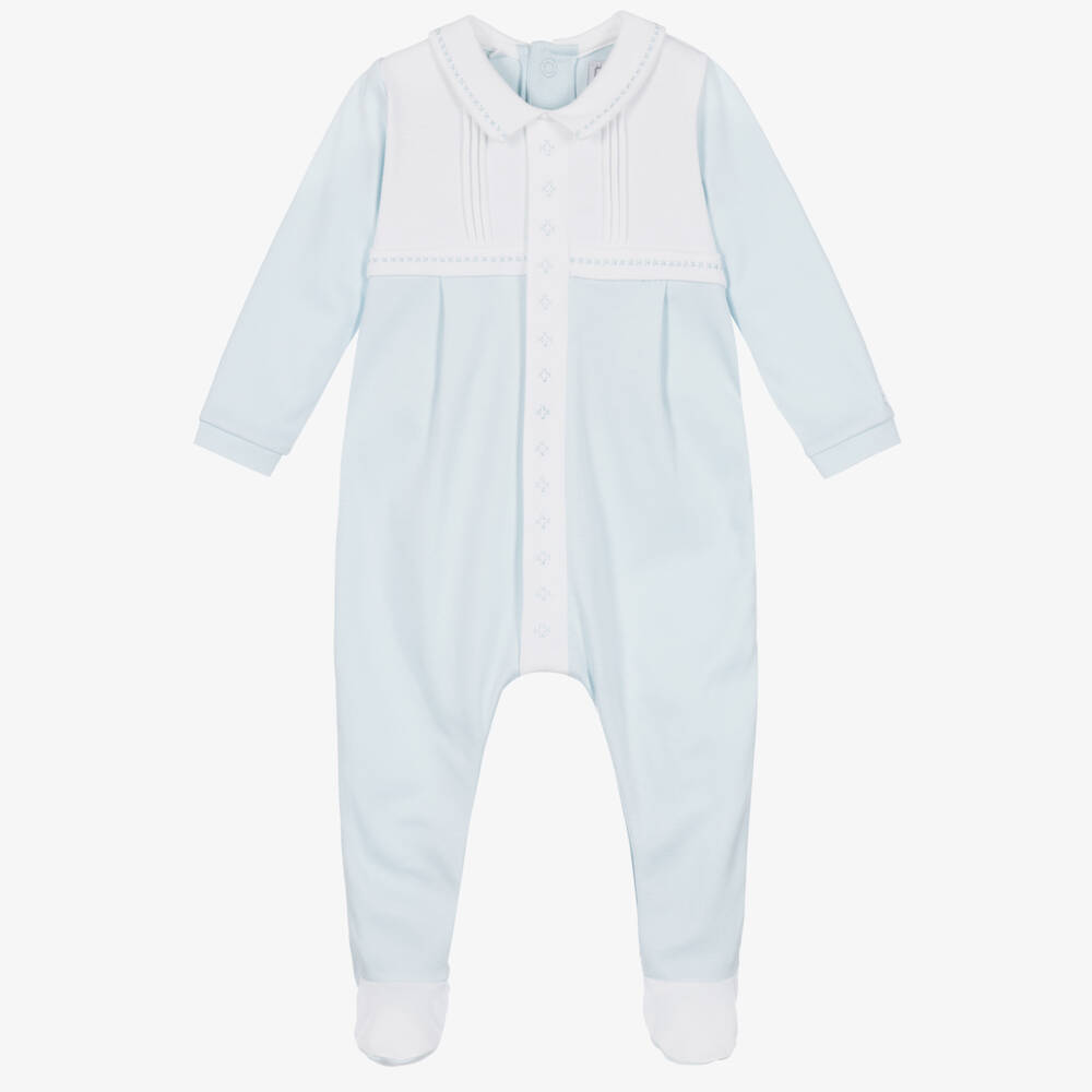 Emile et Rose-Boys Blue Babygrow With Cross-Stitch Embroidery | Childrensalon