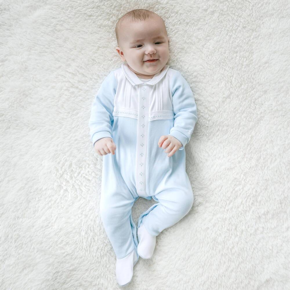 Emile et Rose-Boys Blue Babygrow With Cross-Stitch Embroidery | Childrensalon