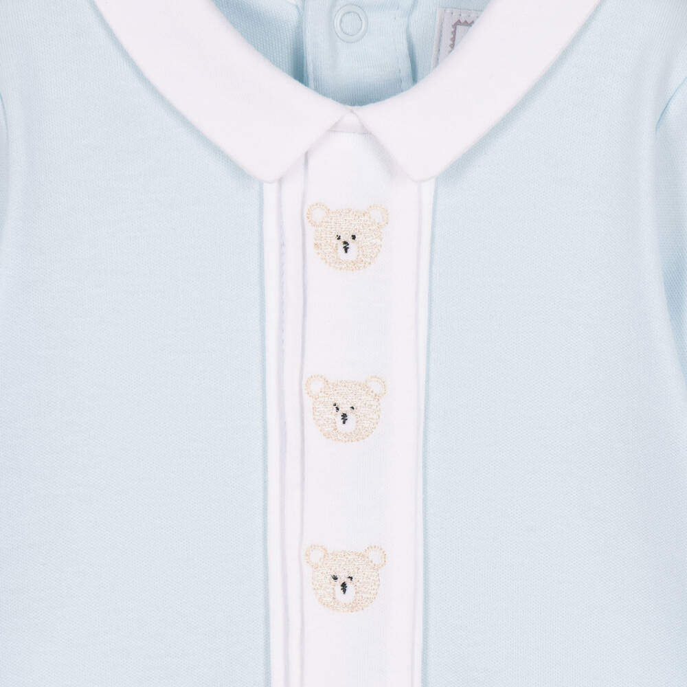 Emile et Rose-Boys Blue Cotton Babygrow with Embroidered Teddies | Childrensalon