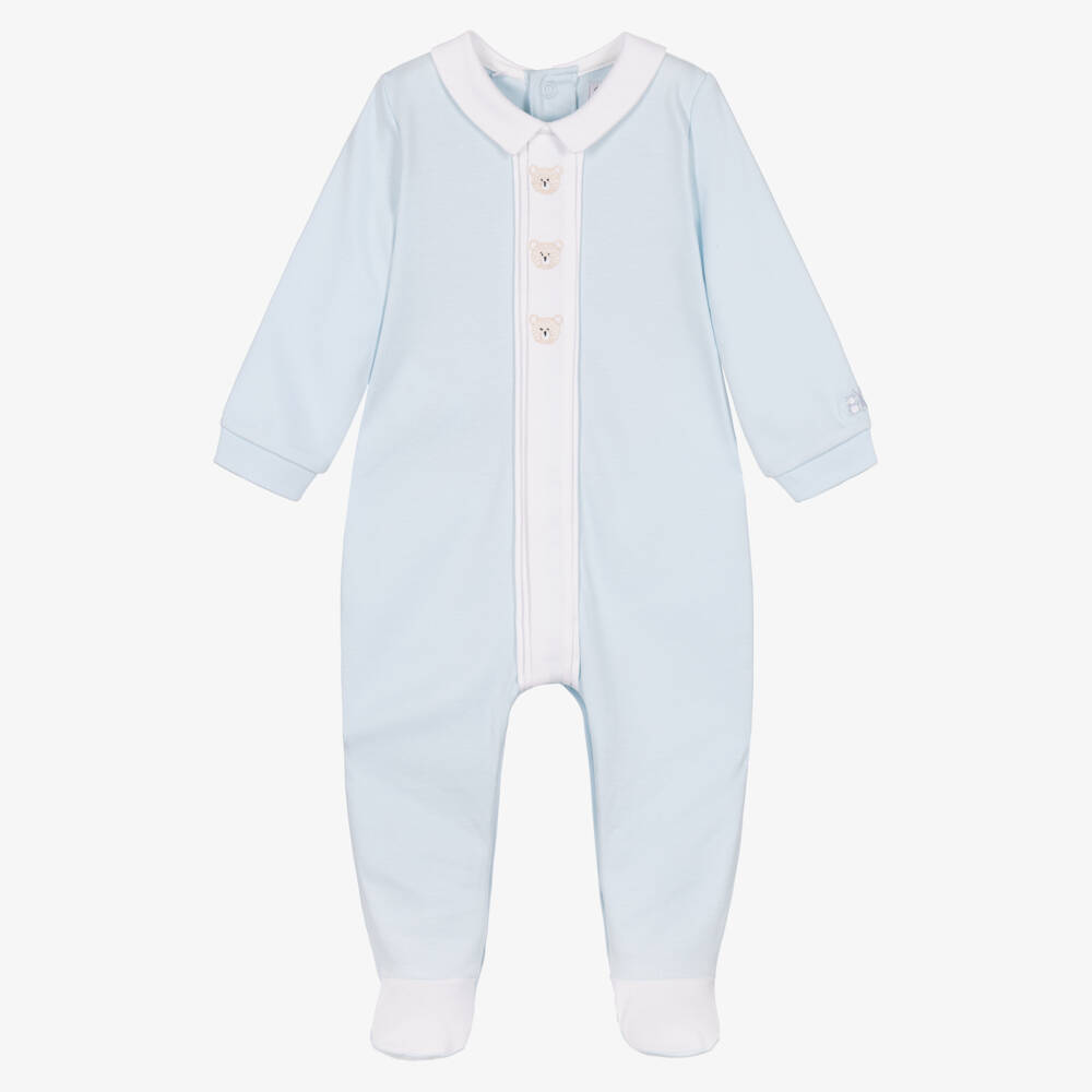 Emile et Rose-Boys Blue Cotton Babygrow with Embroidered Teddies | Childrensalon