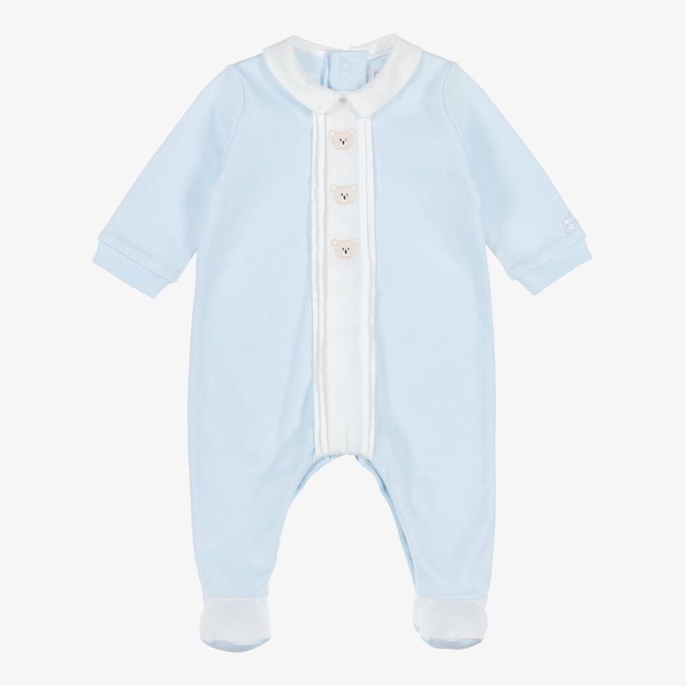 Emile et Rose-Boys Blue Cotton Babygrow with Embroidered Teddies | Childrensalon