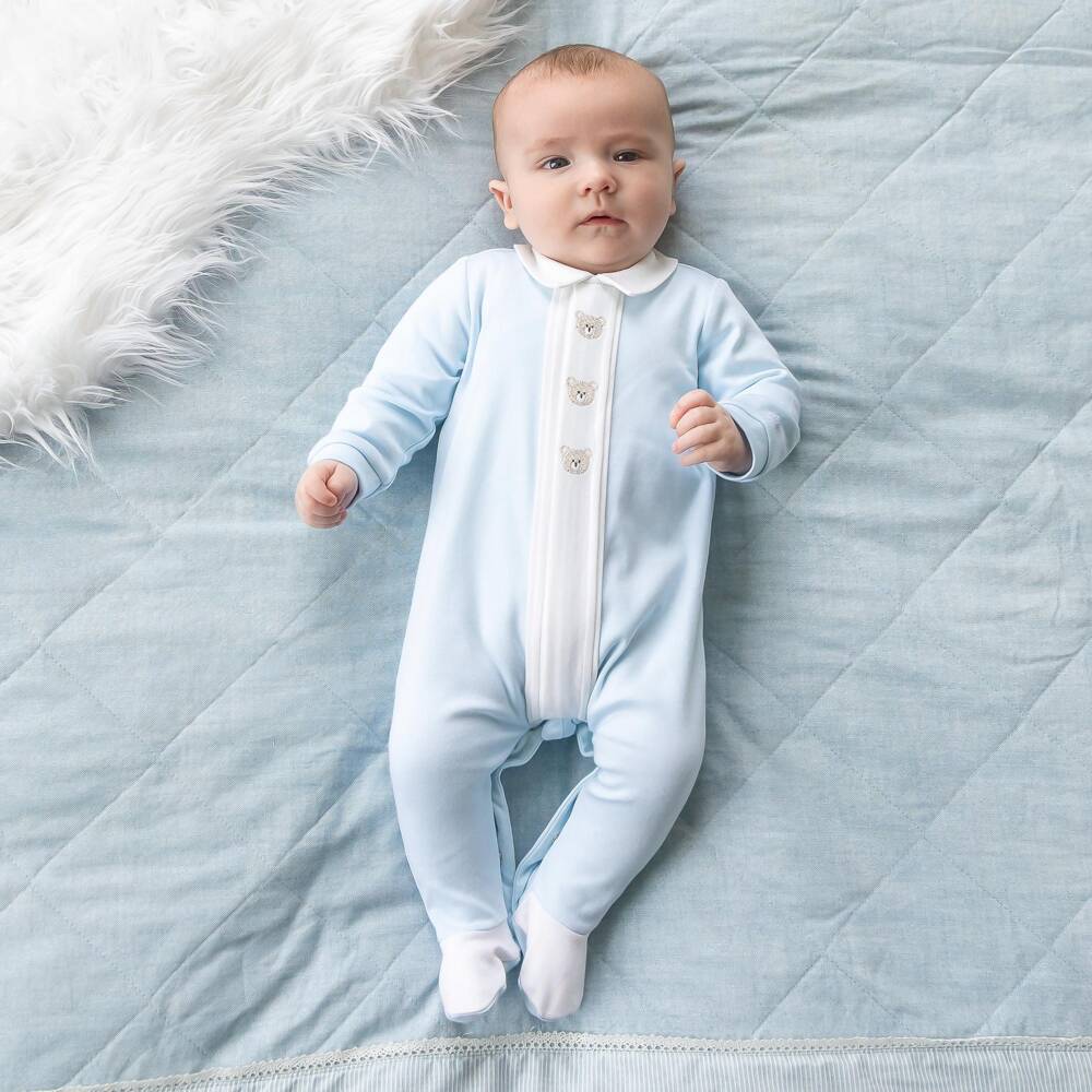 Emile et Rose-Boys Blue Cotton Babygrow with Embroidered Teddies | Childrensalon