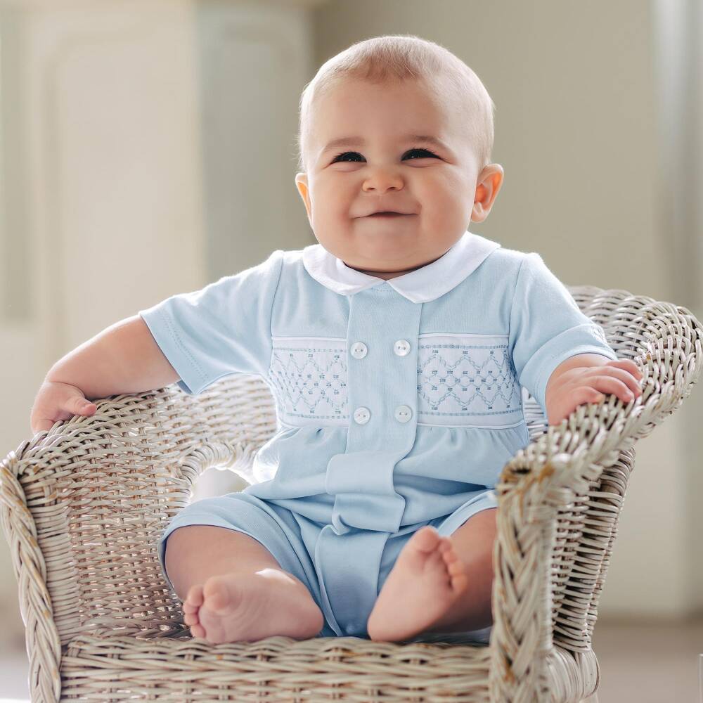 Emile et Rose-Boys Blue Cotton Embroidered Shortie | Childrensalon