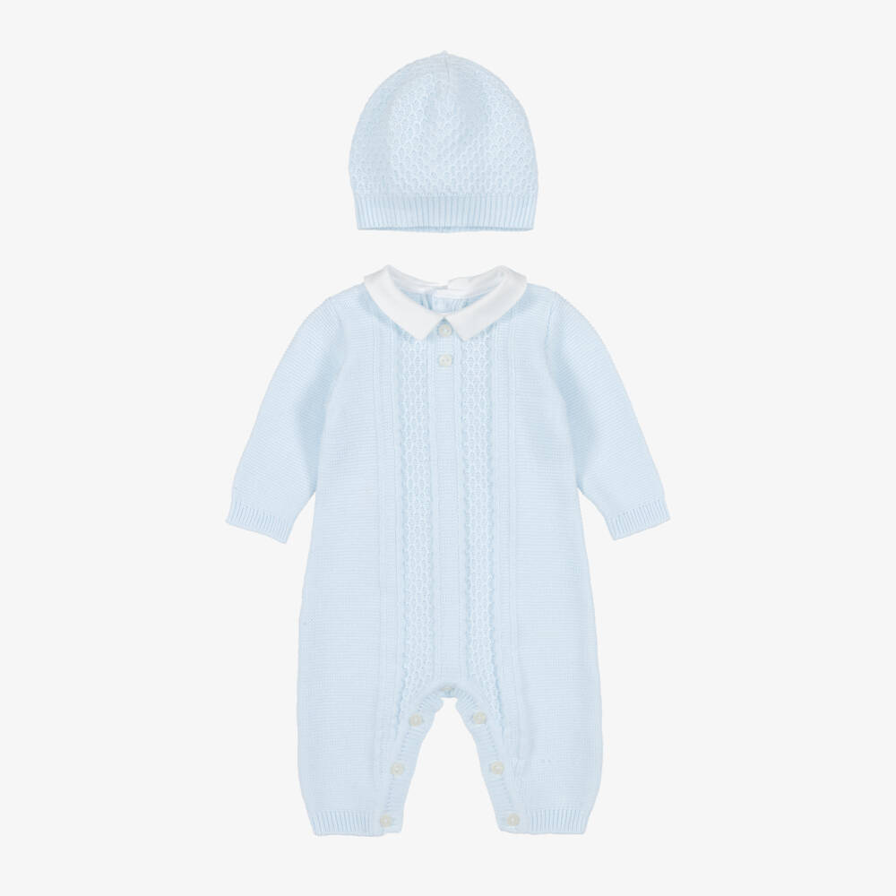 Emile et Rose-Boys Blue Cotton Knit Babysuit & Hat Set | Childrensalon