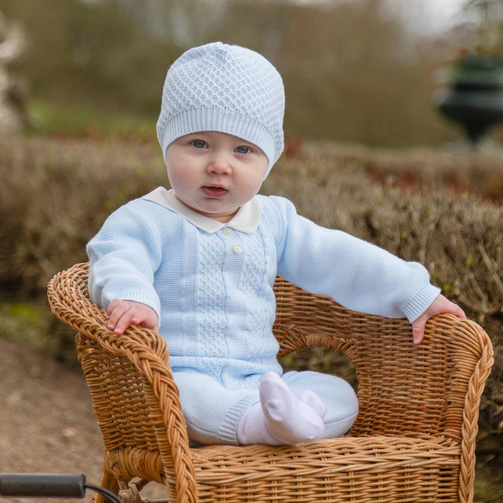 Emile et Rose-Boys Blue Cotton Knit Babysuit & Hat Set | Childrensalon