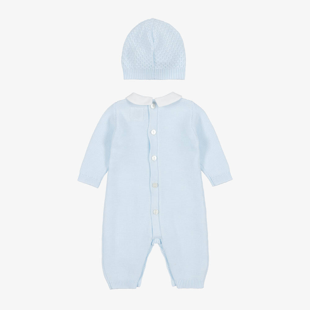 Emile et Rose-Boys Blue Cotton Knit Babysuit & Hat Set | Childrensalon
