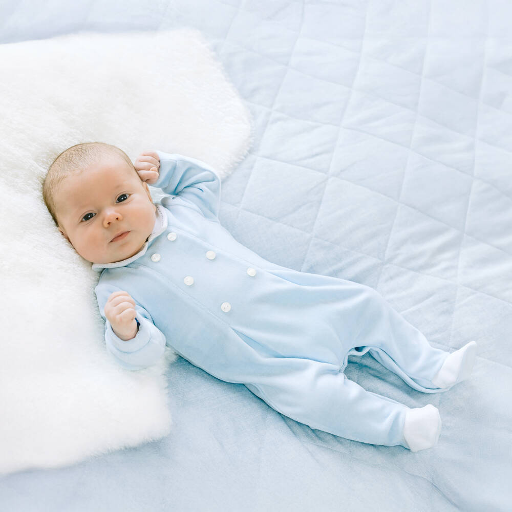 Emile et Rose-Boys Blue Velour Babygrow with White Trims | Childrensalon