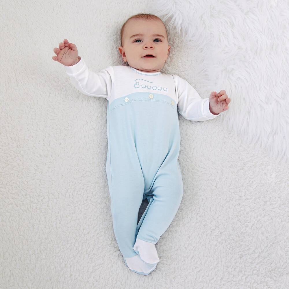 Emile et Rose-Boys Blue & White Cotton Babygrow with Train Embroidery | Childrensalon