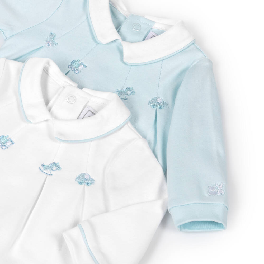 Emile et Rose-Boys Blue & White Cotton Embroidered Babysuits (2 Pack) | Childrensalon