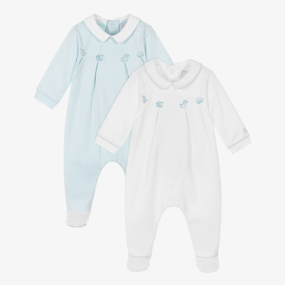 Emile et Rose-Boys Blue & White Cotton Embroidered Babysuits (2 Pack) | Childrensalon